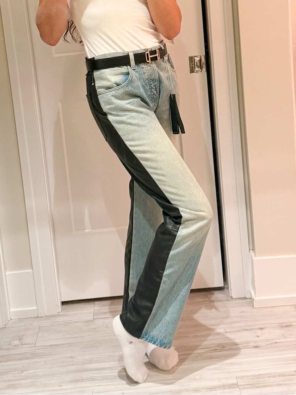 AMIRI Chic Two-Tone Black Leather Denim Straight-Leg Jeans Sz 28 NWT $1,480!!